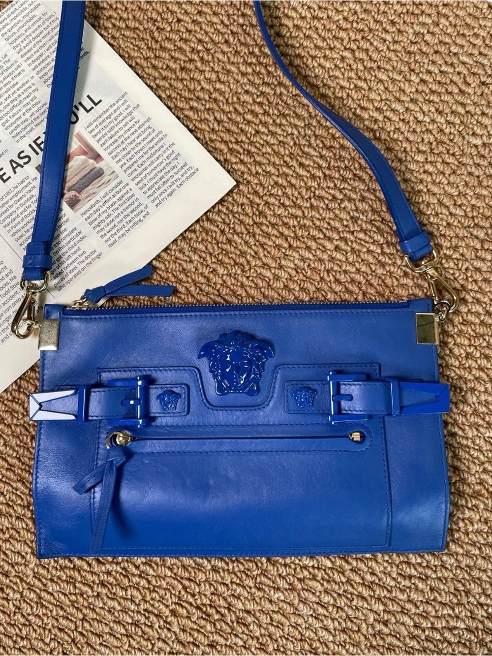 Versace Royal Blue Leather Crossbody Bag with Medusa Detail